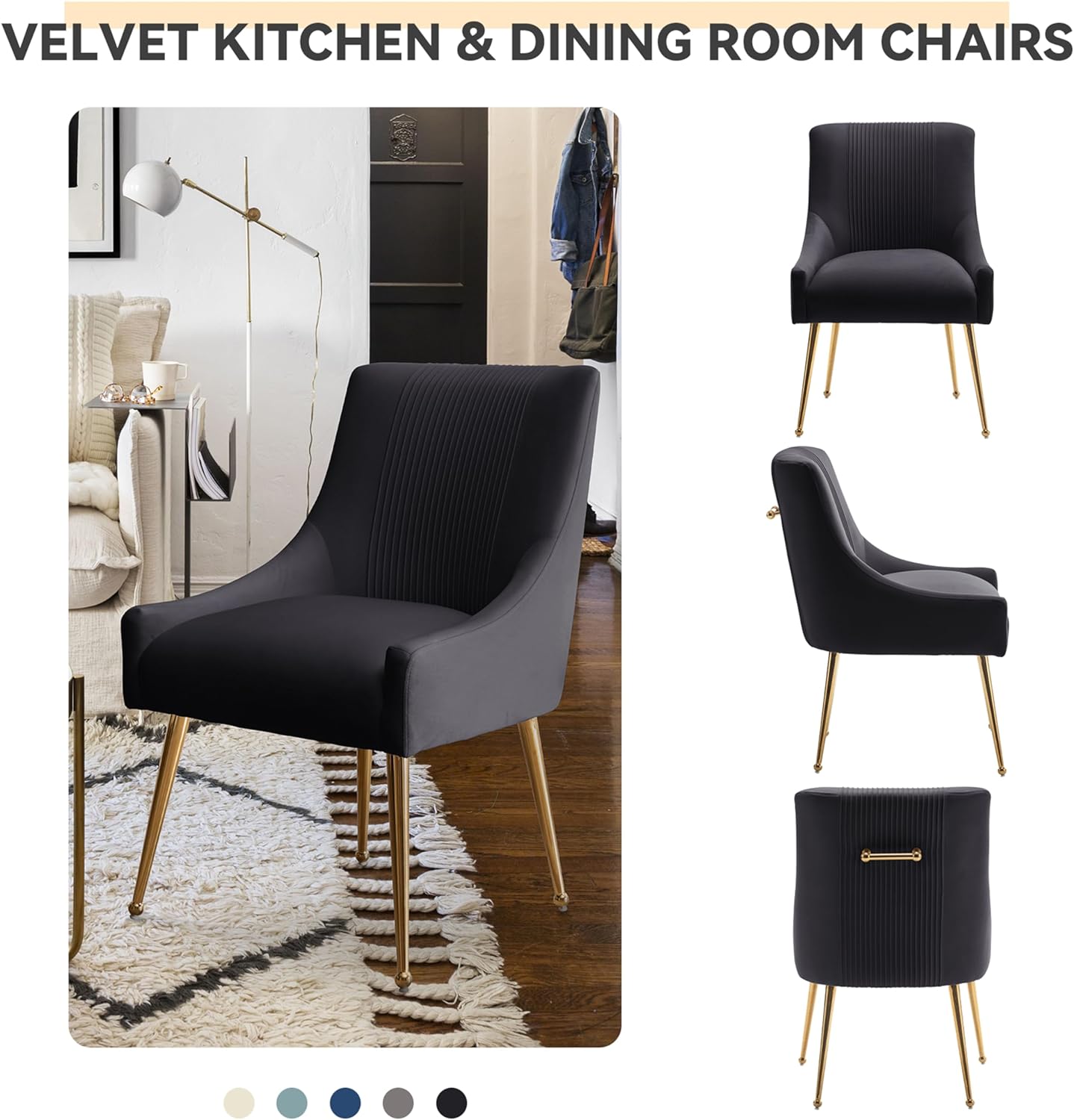 Dining Chairs,Modern Living Room Chairs, Velvet Upholstered Dining Room Chairs with Gold Legs,Tufted Accent Chair Set of 4 for Reception Room Bedroom Study Room(Black)