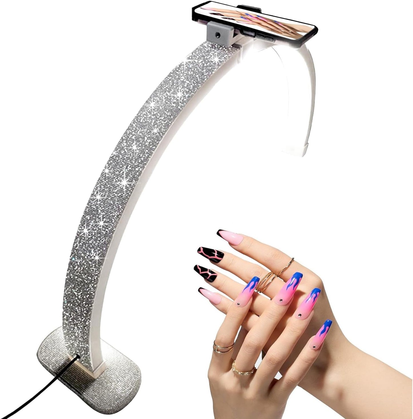 Half Moon Light for Nail Desk, 30'' Half Moon Lamp with Phone Holder, Large 40W Led Lash Light for Nails, Eyelash Extensions, Makeup, Tattoo, Spa, Desk Lamp for Nail Tech (White)